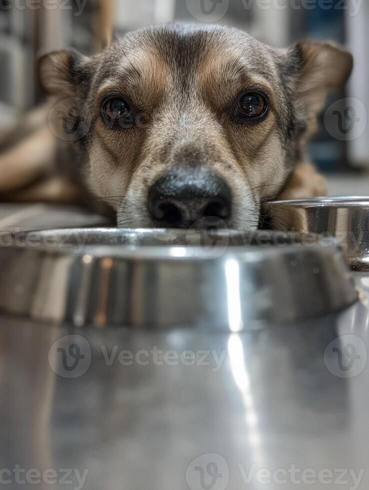 Dogs Face Reflected in Stainless Bowl With Blurred Floor in Background, Showcasing the Pets Curiosity and Calmness in Its Environment photo