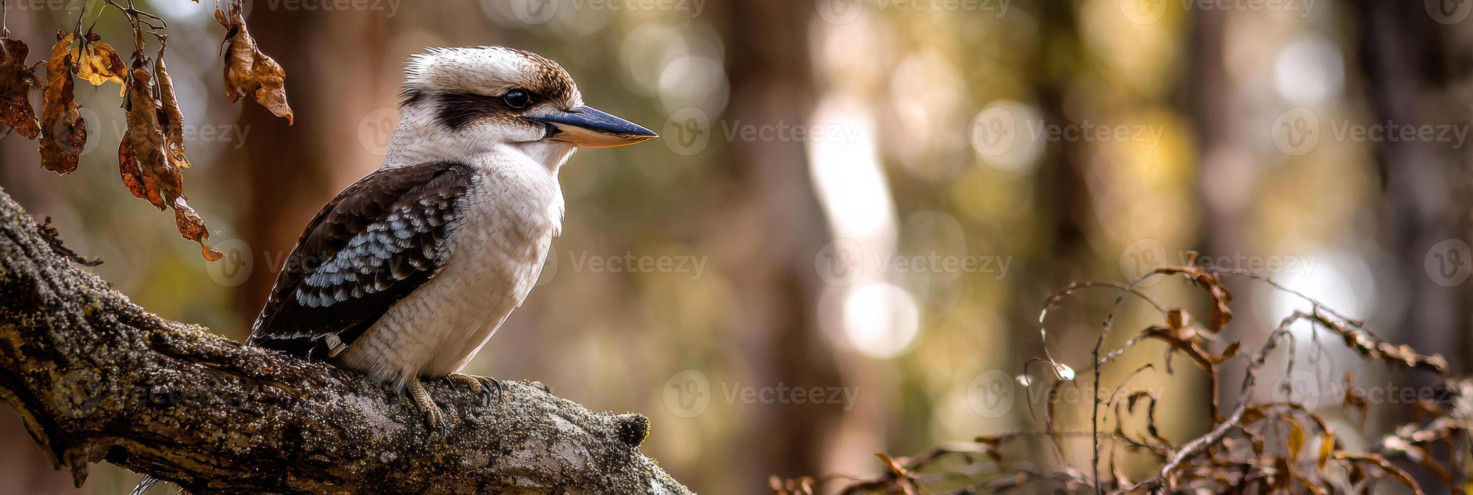 Kookaburra Perched on a Branch With Blurred Distant Trees and Warm Light Filtering Through the Upper Space photo