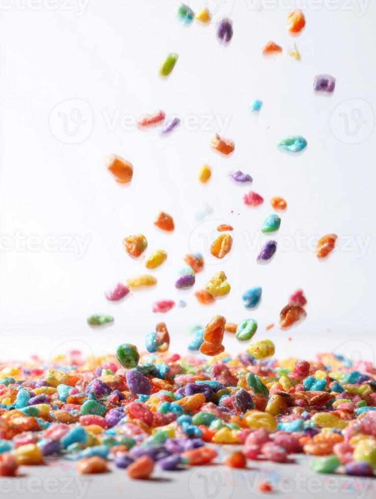Colorful Treats in Slow Motion Falling Toward Camera Against a White Backdrop photo