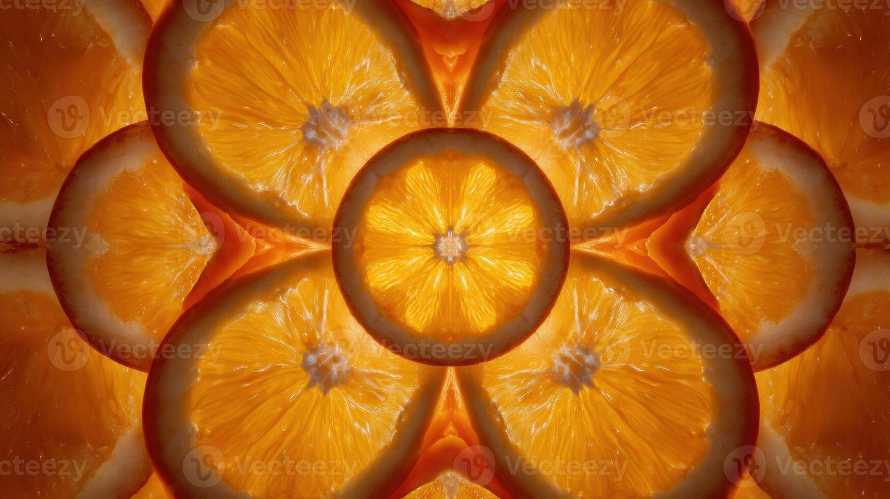 Sliced Oranges Creating a Vibrant Mandala in a Motion Blur With a Symmetrical Effect and an Open Area on the Right photo