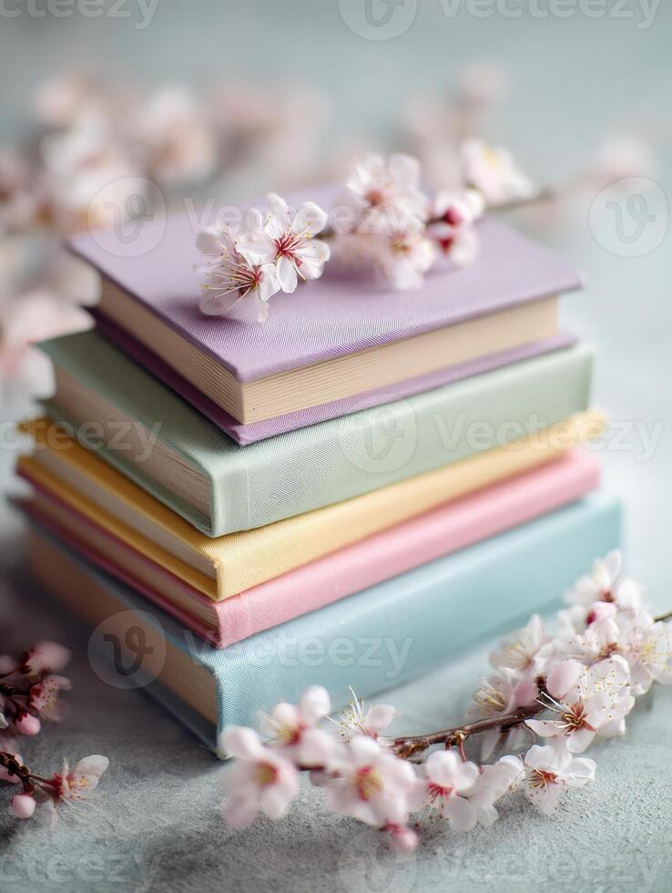 Stack of Pastel Colored Books With Soft Matte Finish Beside Spring Blossoms During a Calm Morning photo