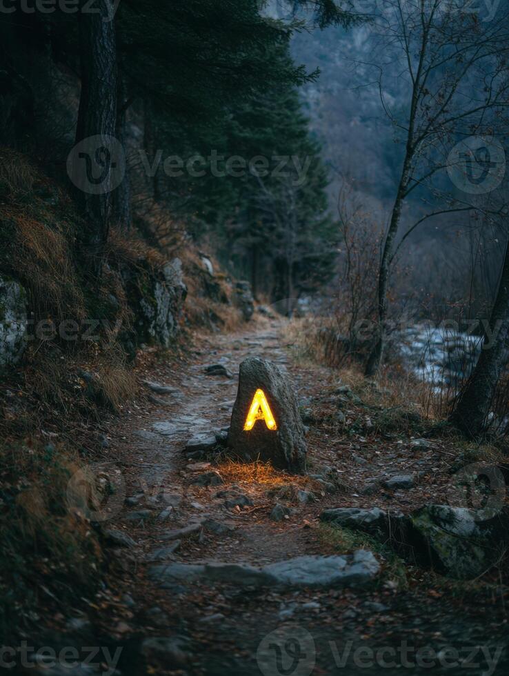 Trail Marker Glowing on Mountain Path During Twilight, Highlighting Outdoor Adventure and Exploration in Nature photo