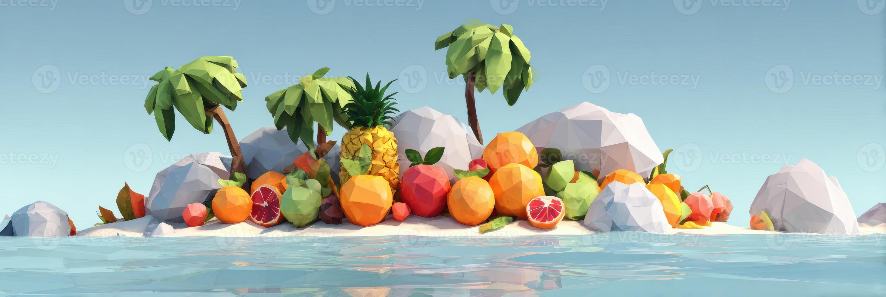 Floating Island Showcasing Vibrant Tropical Fruits in Low-Poly Design Surrounded by Calm Waters and a Clear Sky photo
