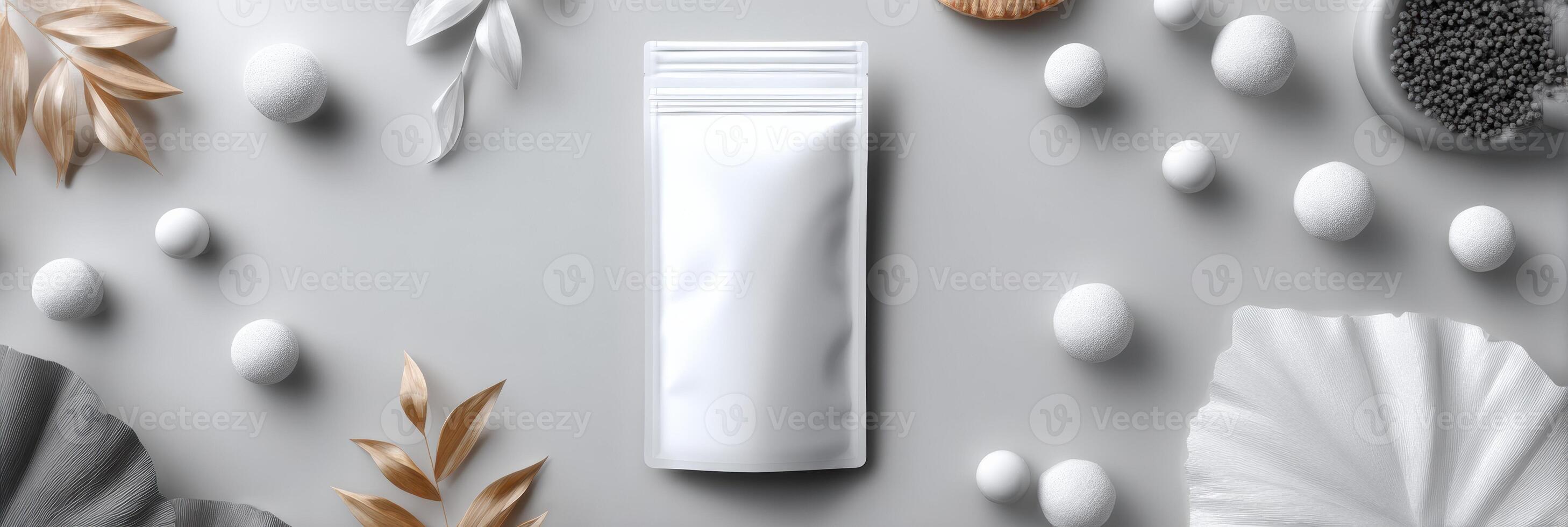 Minimalistic Packaging Pouch Mockup With Decorative Props and Empty Space for Branding photo