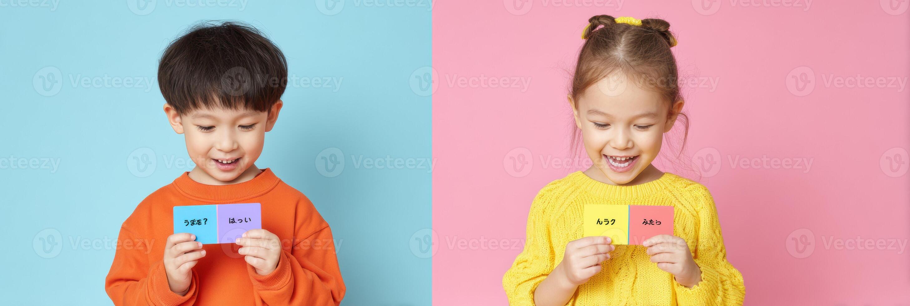 Children Engage in Learning Foreign Words Using Colorful Flashcards in a Vibrant Classroom Setting photo