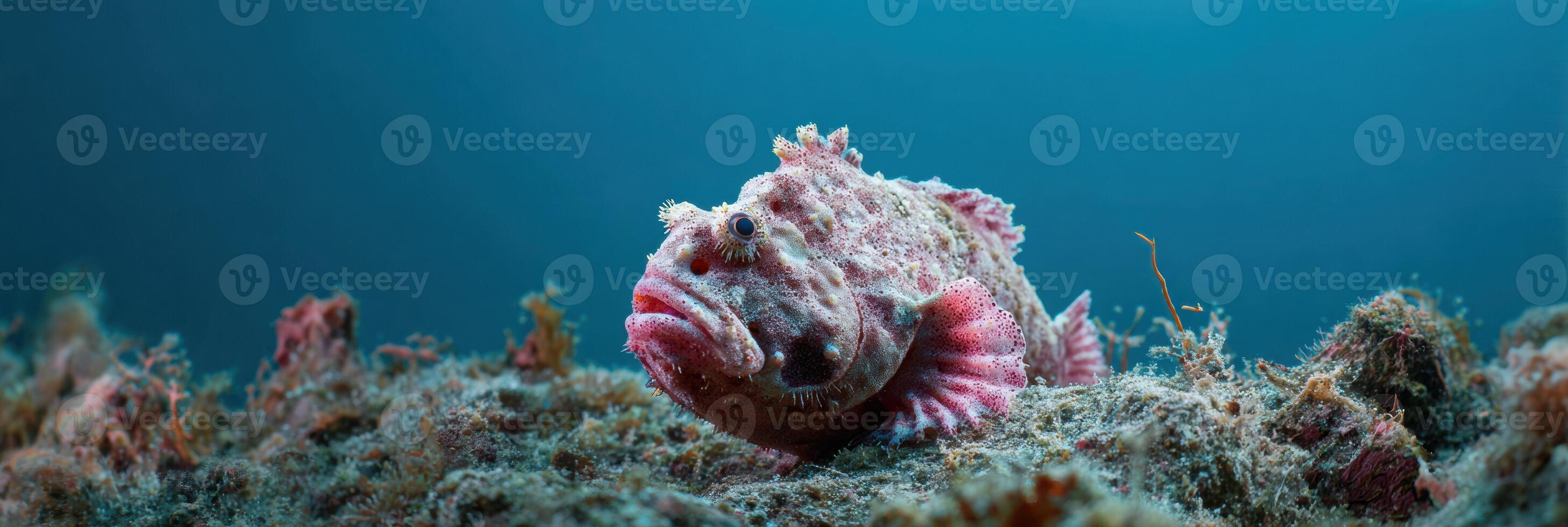 Warty Frogfish Camouflaged on Coral Reef in Vibrant Underwater Setting Showcasing Unique Texture and Colors photo