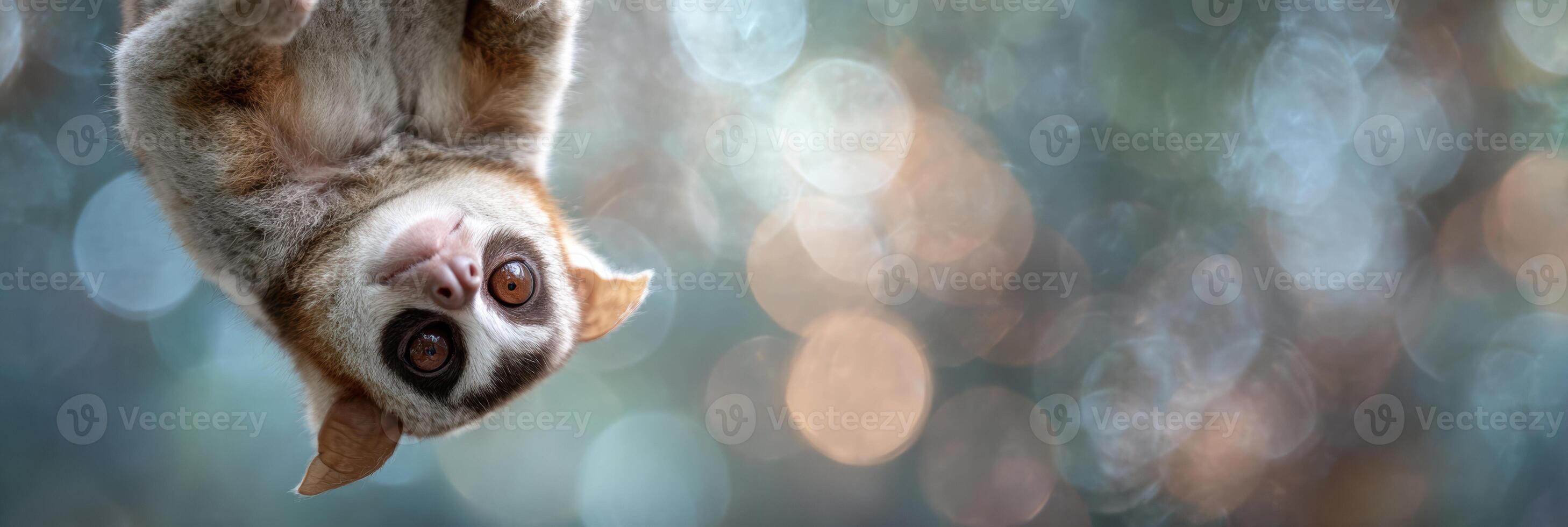 Slow Loris Hanging Upside Down Against Dreamy Bokeh Background in Lush Habitat Filled With Soft Light and Colors photo