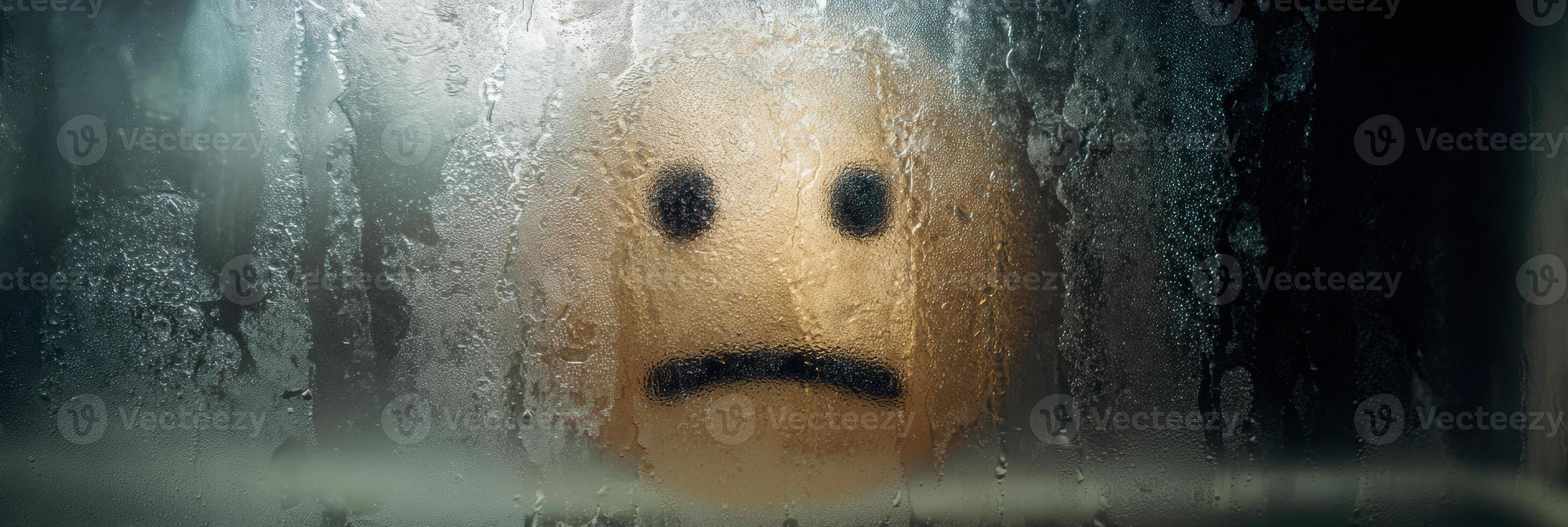 Sick Face Drawn on Steamed Glass Window in Moody Tones With Empty Left Side photo