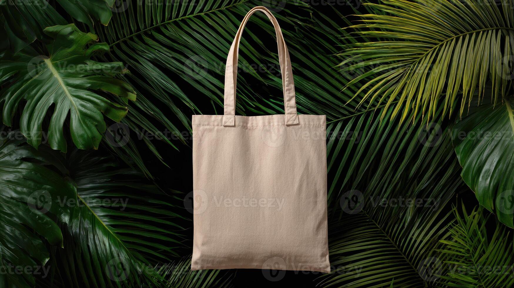 Beige Tote Bag Mockup Featuring Tropical Leaves on a Dark Background for Design Presentations and Creative Projects photo