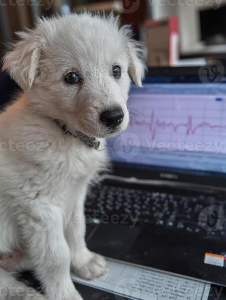Heartbeat Monitor for Puppy Shows Vital Signs on Screen While Puppy Sits Curiously Beside Laptop in a Cozy Indoor Setting photo