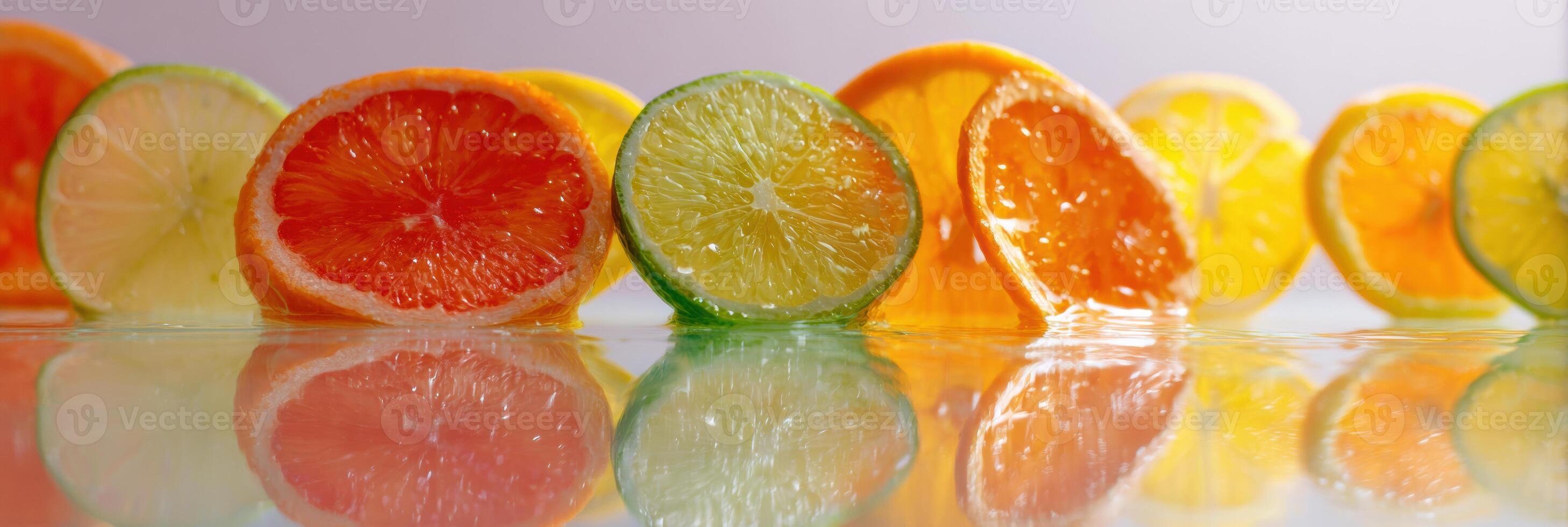 Bright Citrus Slices Arranged on a Glass Table Reflecting Colorful Light, Creating an Inviting and Fresh Atmosphere for Summer Gatherings photo