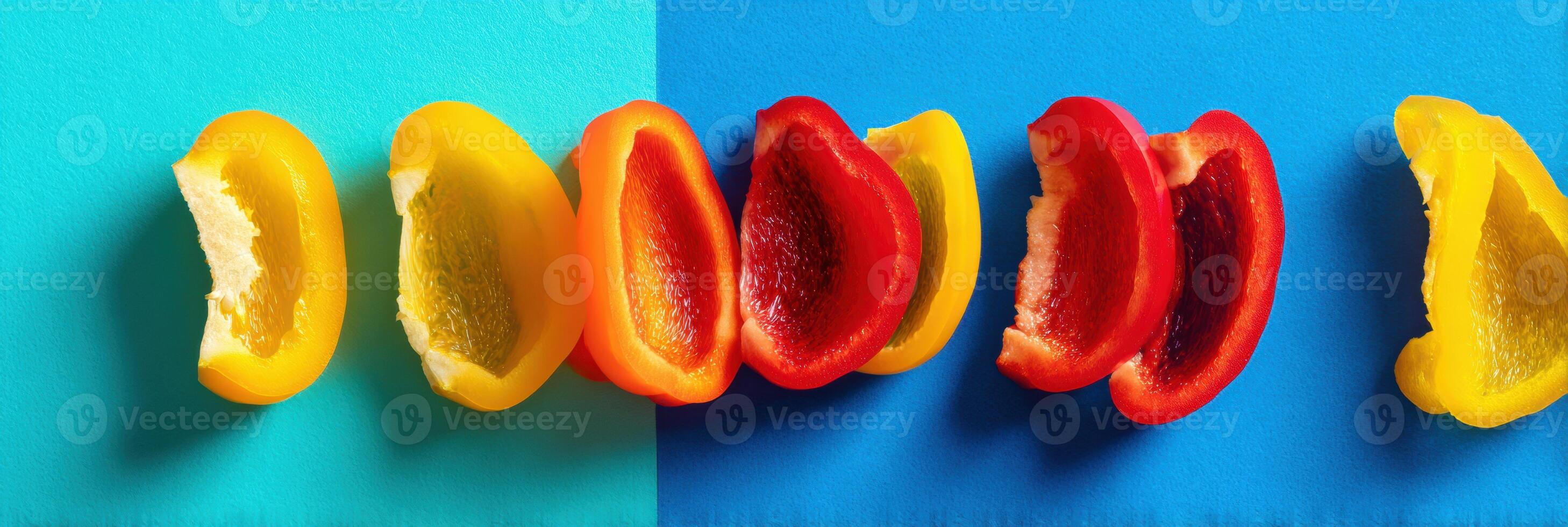Sliced Bell Peppers in Vivid Colors Arranged on a Contrasting Background for a Modern Still Life Composition photo