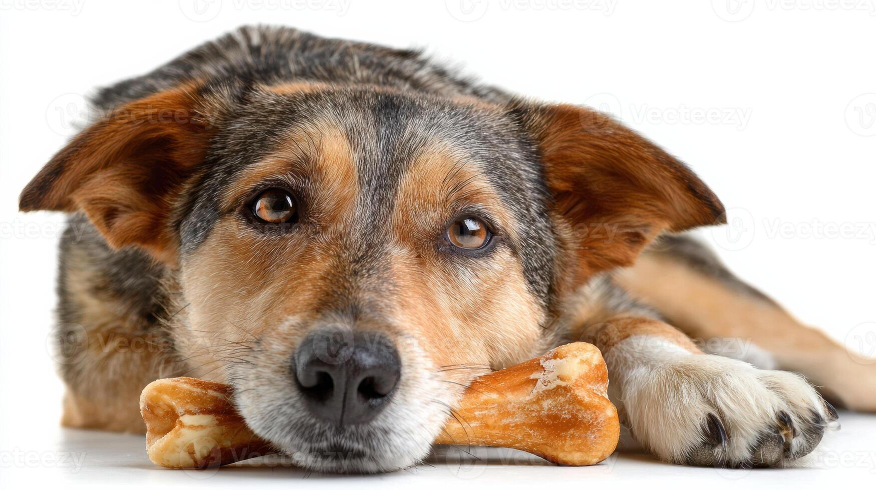 Dog Enjoys Chewing on a Bone While Resting on a Clean White Background in a Calm Indoor Environment photo
