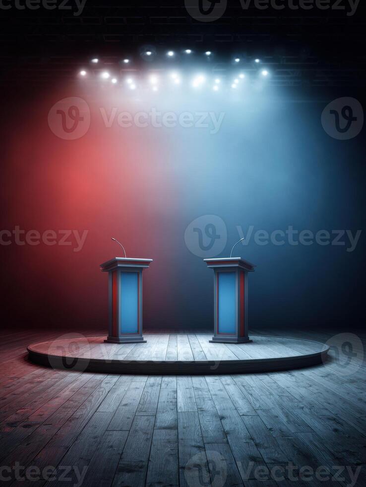 Political Debate Stage Illuminated by Spotlight Showcasing Empty Podiums in a Dramatic Lighting Setup With a Wide Backdrop photo