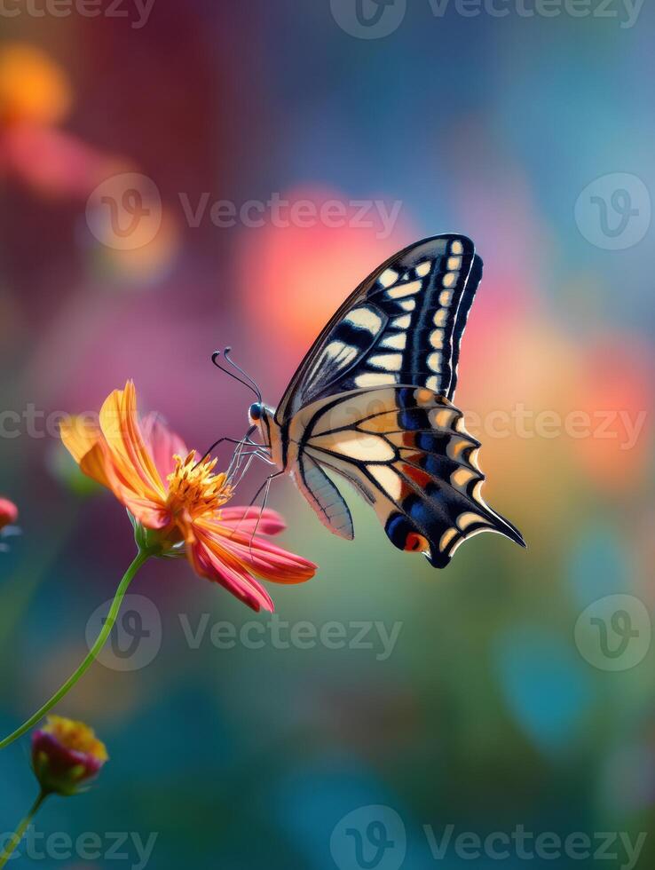 Exotic Butterfly Rests Delicately on a Vibrant Flower While Basking in Sunlight on a Sunny Day in a Lush Garden Setting photo