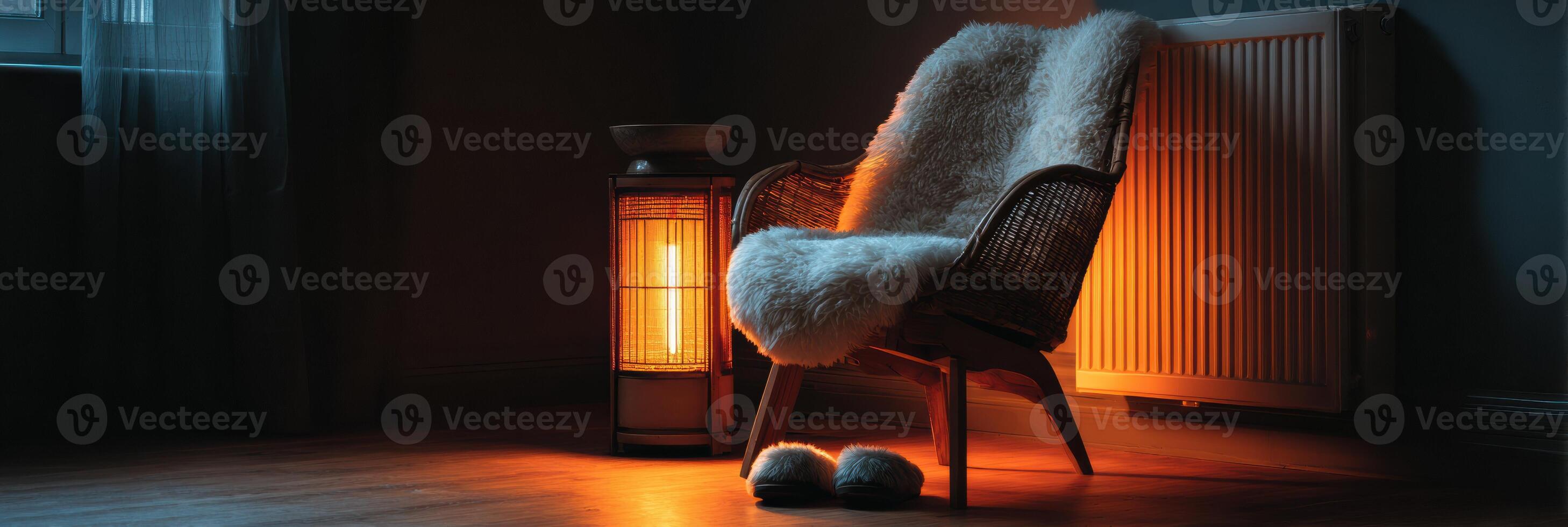 Cozy Chair by Heater With Warm Light and Slippers for Relaxation During Chilly Evening photo
