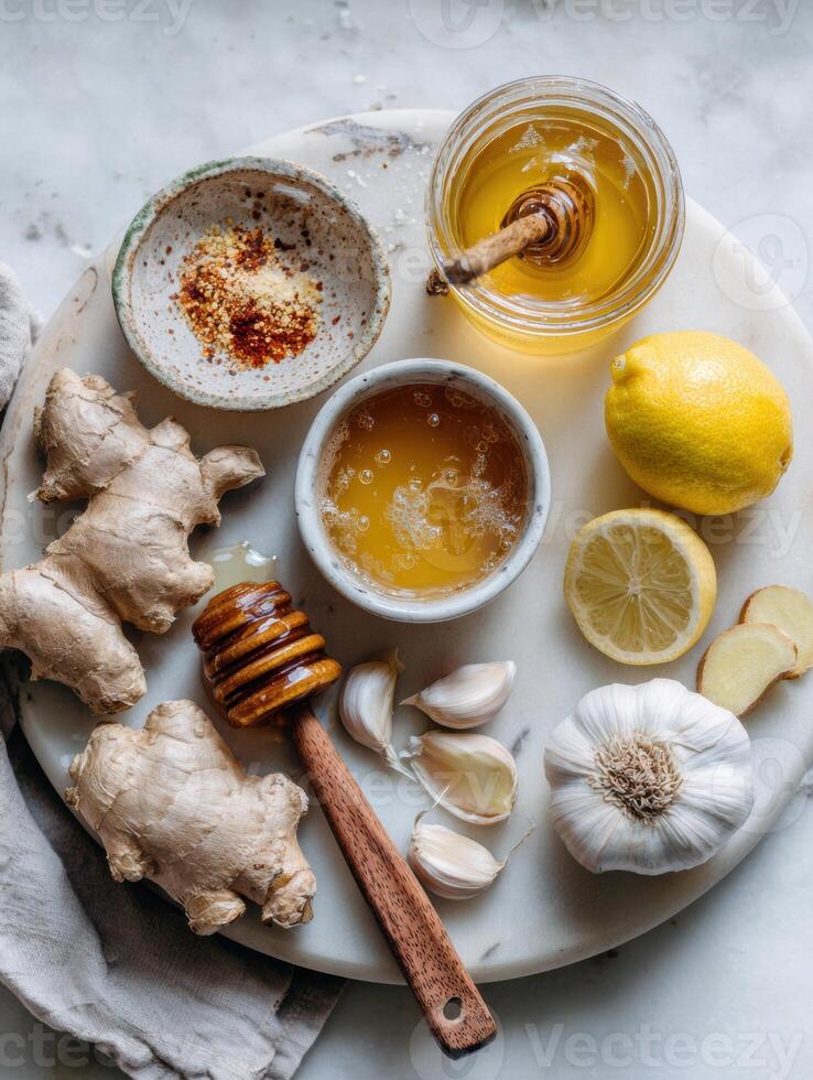 Home Cold Remedies Featuring Honey, Ginger, Garlic, and Lemon for Natural Wellness and Immune Support photo