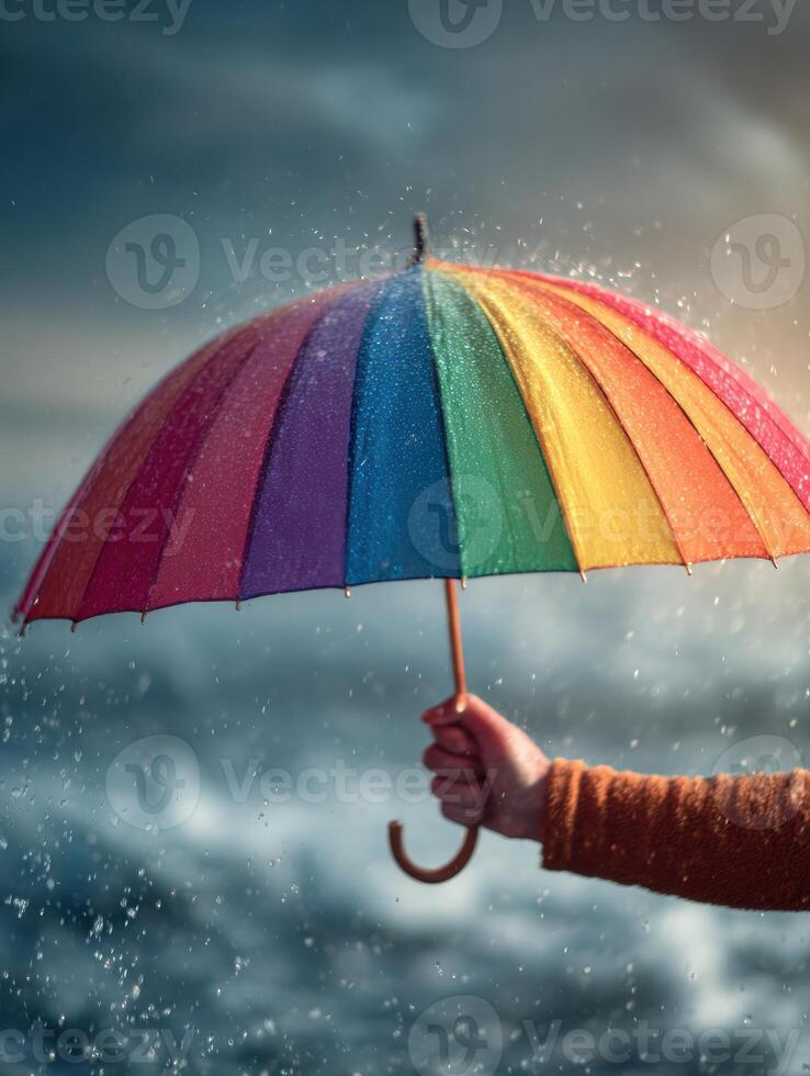 Holding a Rainbow Umbrella During a Storm to Symbolize Hope and Support Amidst Challenging Weather Conditions photo