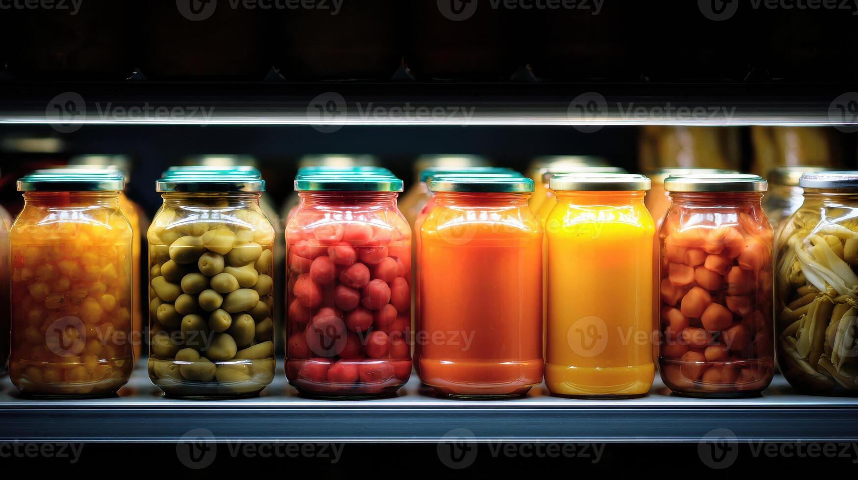 Canned Food Lineup on Illuminated Shelf Showcasing Colorful Jars With Various Contents in a Grocery Store Setting photo