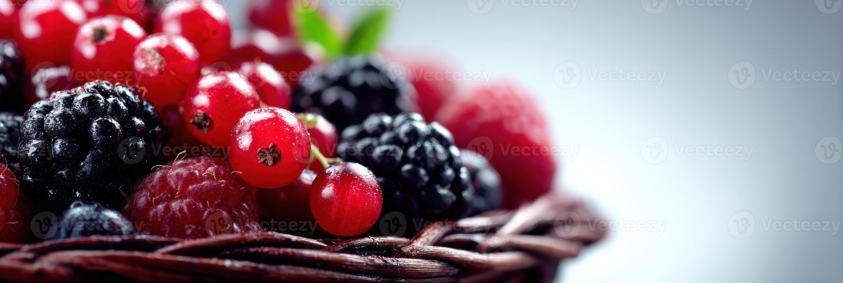 Assorted Berries Arranged in a Woven Basket With a High Contrast Background and Upper Zone Light for a Striking Visual Appeal photo