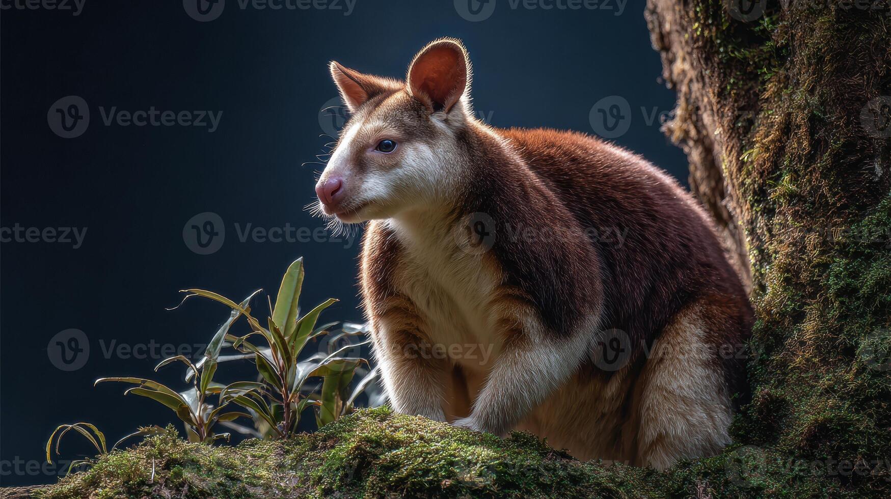 Tree Kangaroo Exploring a Mossy Trunk in a Cool-Toned Forest Setting During Early Morning Light photo