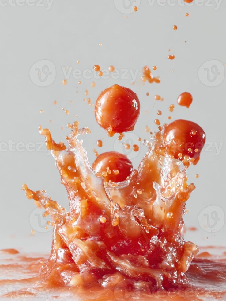 Tomato Sauce Splash Creates Dynamic Motion Against a Bright Background With Clear Space Above photo