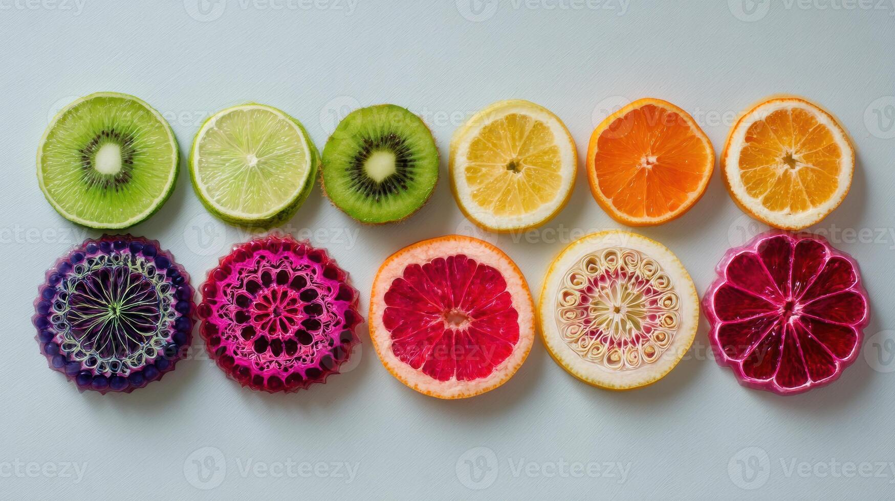 Colorful Mandalas Crafted From Vibrant Fruit Slices Create a Modern Yoga Vibe, Showcasing Natural Beauty and Fresh Design photo