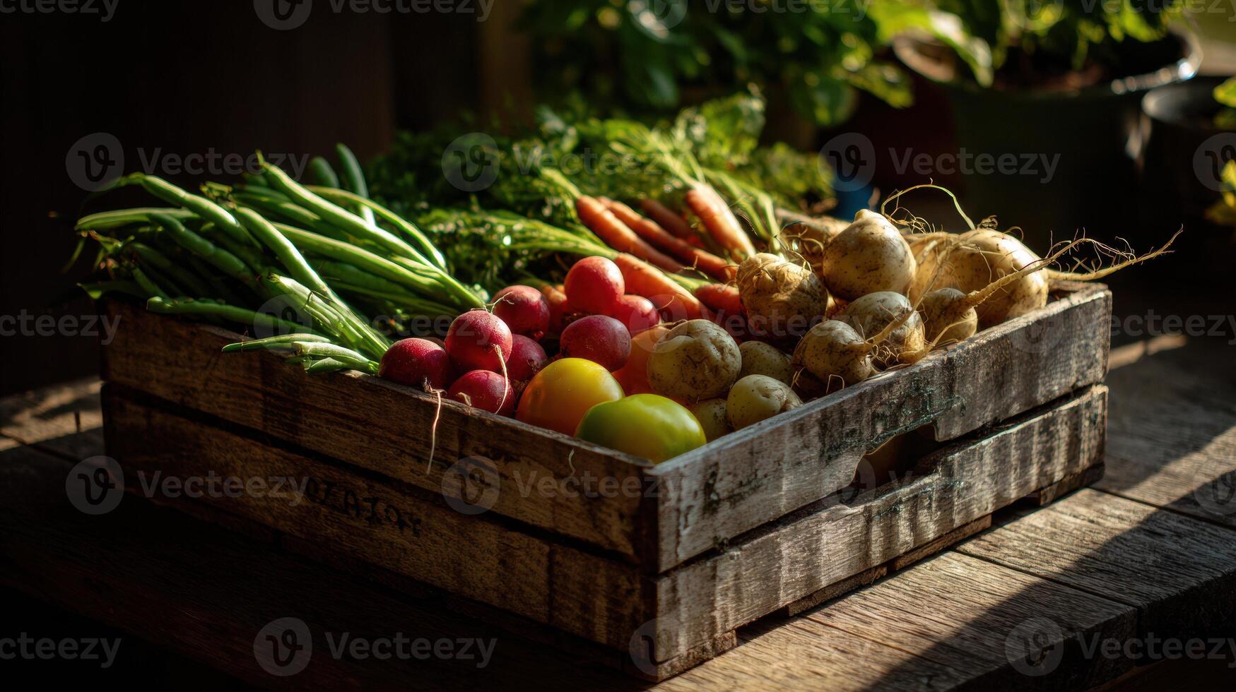Freshly Picked Vegetables in a Wooden Crate Illuminated by Morning Sunlight on a Rustic Table photo