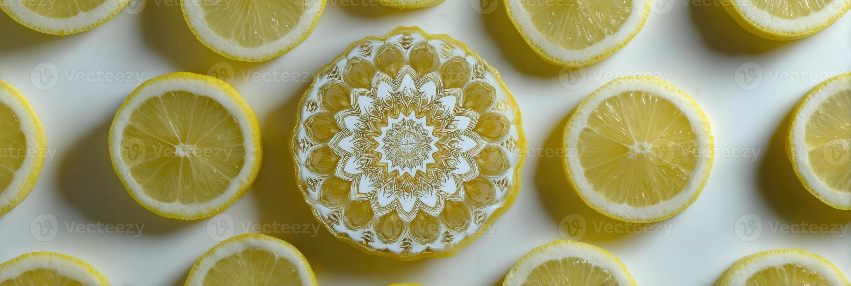 Lemon Wedges Arranged in a Mandala Shape on a Neutral Background, Showcasing Vibrant Yellow Colors and Intricate Patterns photo