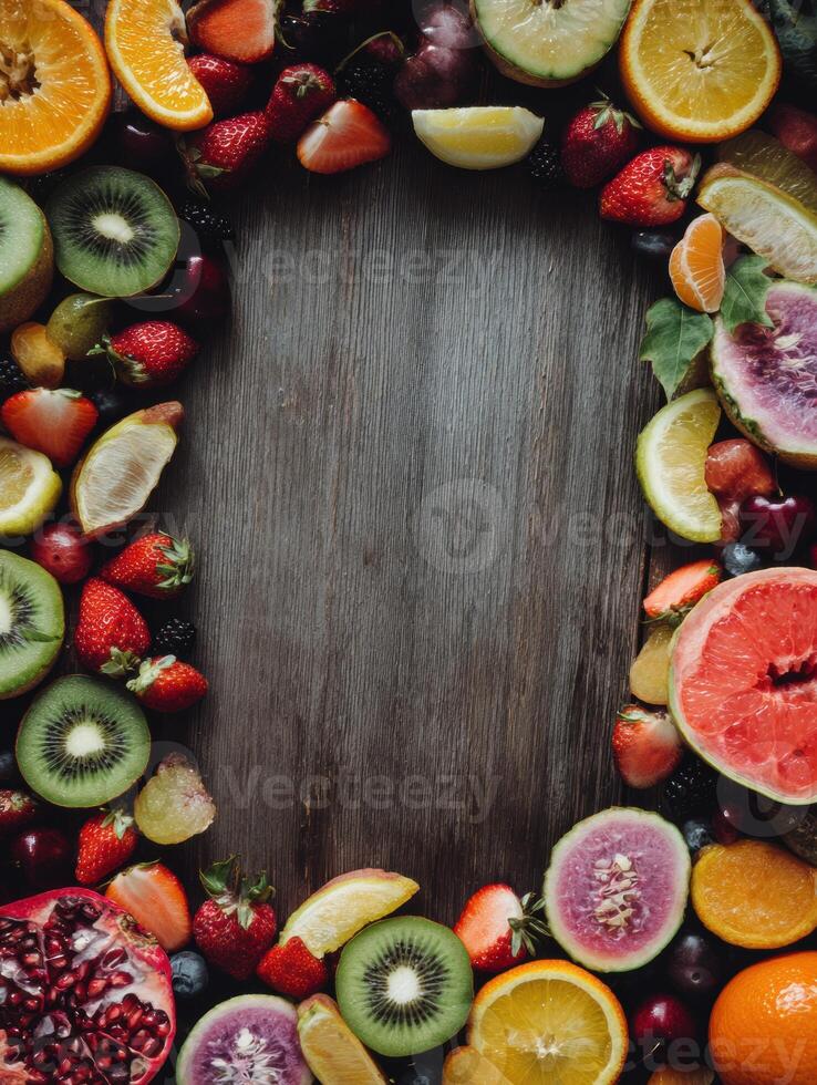 Colorful Fruit Frame Created With Various Fruits on a Wooden Table for Social Media Engagement and Food Presentation photo
