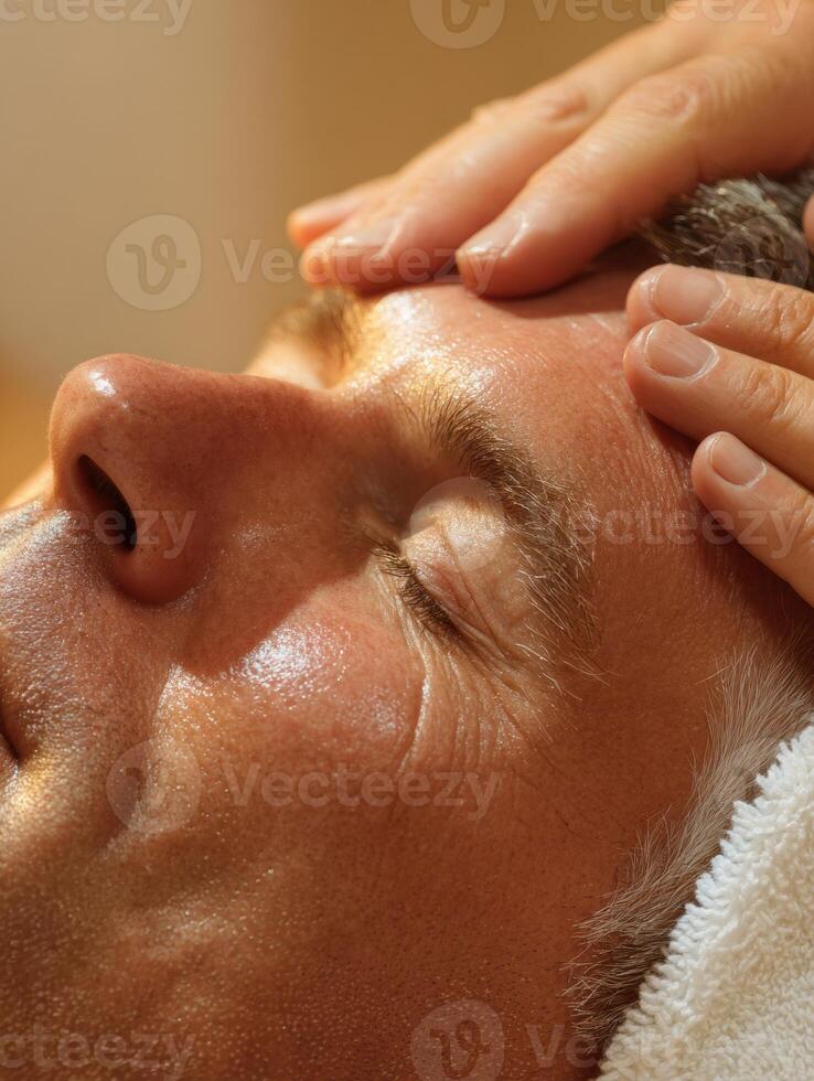 Relaxation Through Hot Towel Compress on Forehead in Calming Warm Lighting at a Wellness Space photo