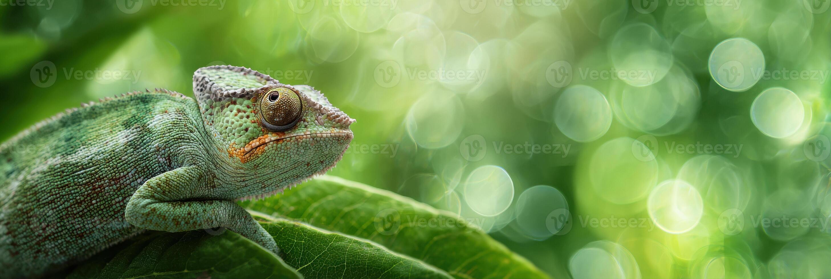 Chameleon Seamlessly Blending Into Vibrant Green Foliage Under Soft Bokeh Light in a Natural Setting photo