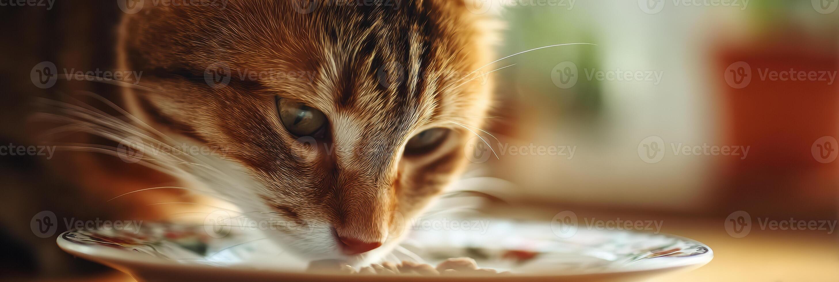 Cat Enjoying Gourmet Food on a Porcelain Dish With a Soft Background in a Cozy Indoor Setting photo