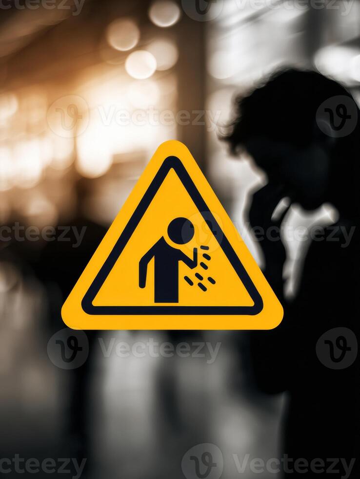 Warning Icon Displayed Over Blurred Figure of a Sneezing Person in a Crowded Area Indicating a Health Alert During Flu Season photo