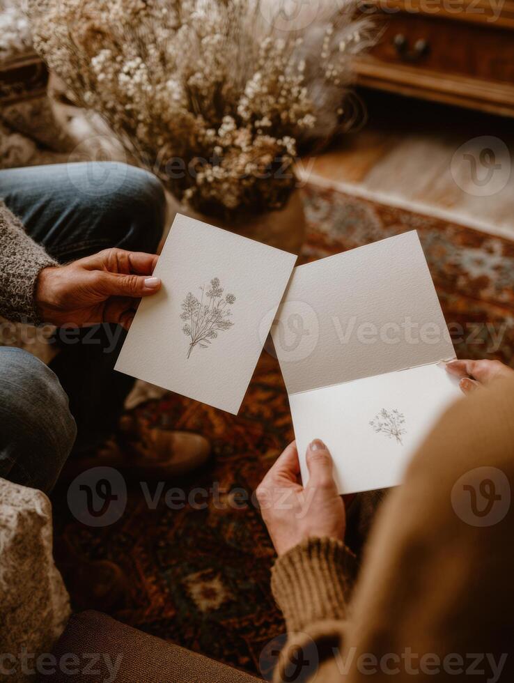 In a Warm Boho Atmosphere, Two Individuals Share Their Drawings, Highlighting Creativity and Connection, Surrounded by Comfortable Decor and Natural Elements photo