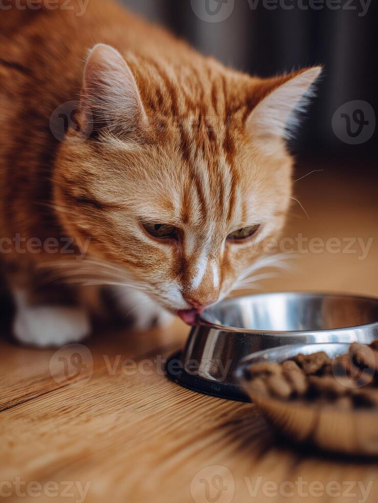 Cat Enjoying Meal While Licking Paw Beside Half-Eaten Food Bowl on Wooden Floor photo
