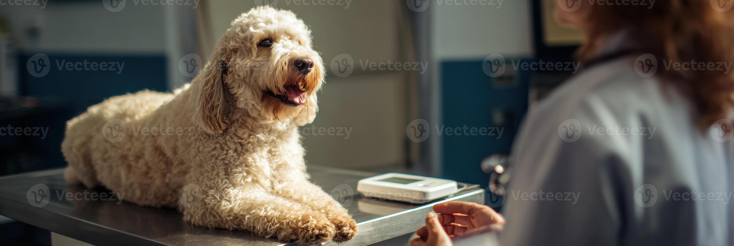 Dog is Praised by Veterinarian While Sitting Calmly on Clinic Scale During Routine Checkup in Well-Lit Veterinary Office photo