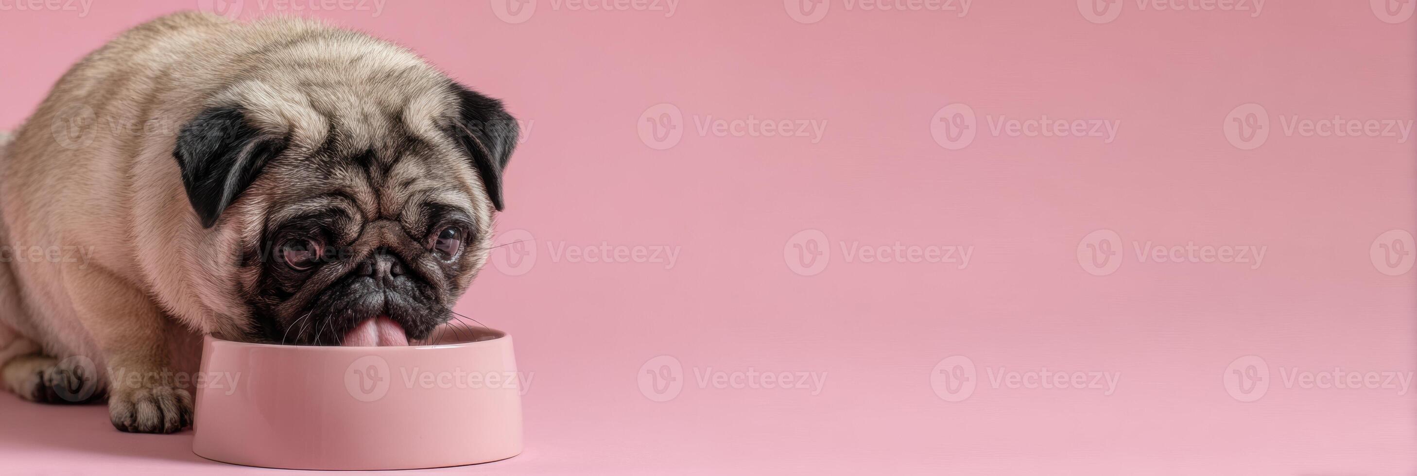 Pug Enjoying Meal From Pink Bowl on Minimalist Background With a Focus on Playful Behavior and Simplicity photo
