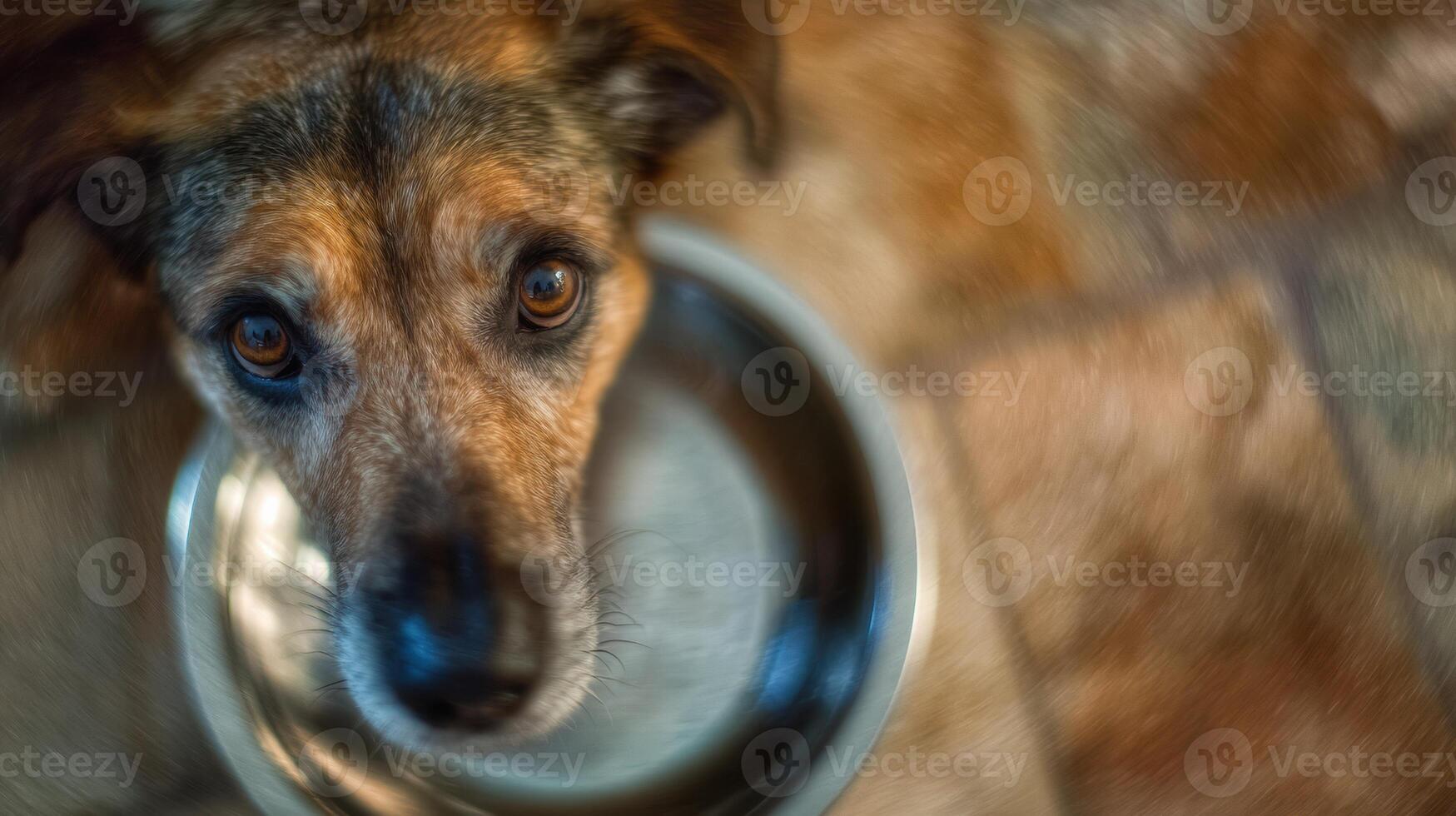 Reflection of a Dog in a Stainless Steel Bowl on a Blurred Floor During a Quiet Moment at Home photo