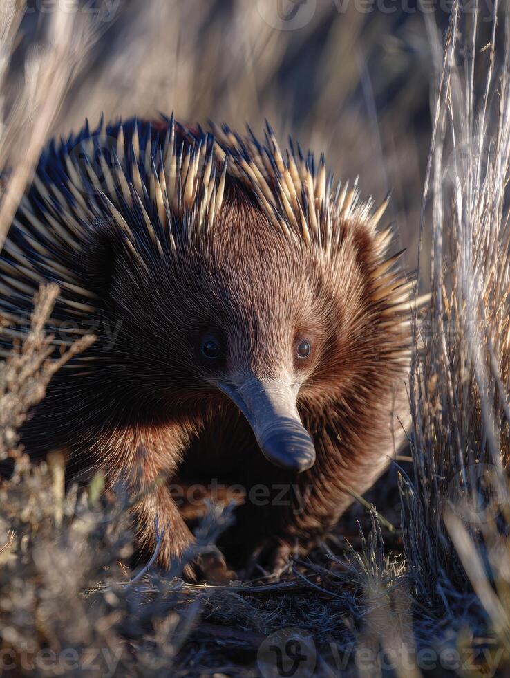 Long-beaked Echidna Crawls Through Dry Grass Under Soft Side Lighting in a Natural Habitat During the Golden Hour of the Day photo