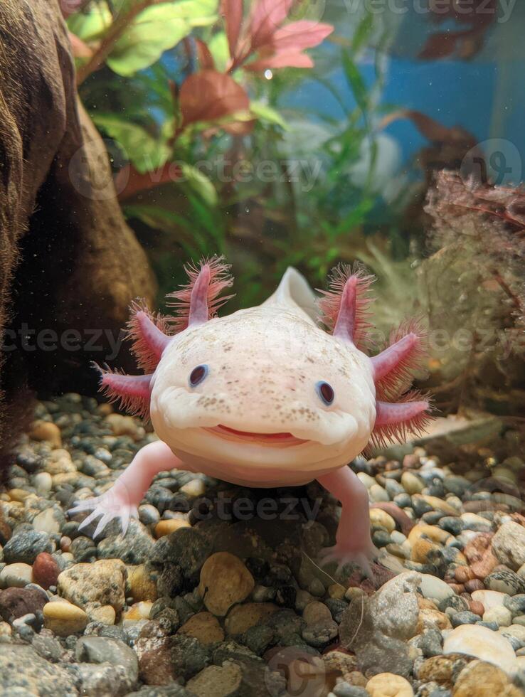Smiling Axolotl Exploring Clean Underwater Habitat With Vibrant Aquatic Plants photo