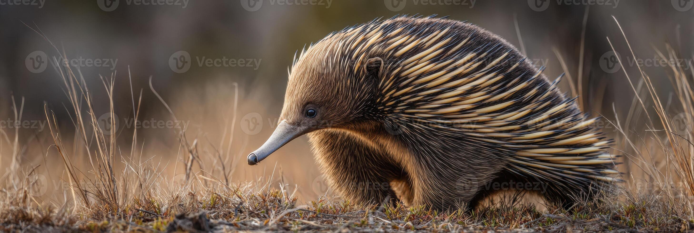 Long-beaked Echidna Foraging in Dry Grass With Soft Evening Light Illuminating Its Quills photo