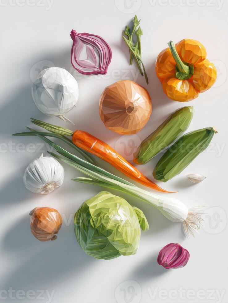 Digital Low-Poly 3D Model Showcasing a Colorful Arrangement of Various Vegetables on a White Background photo