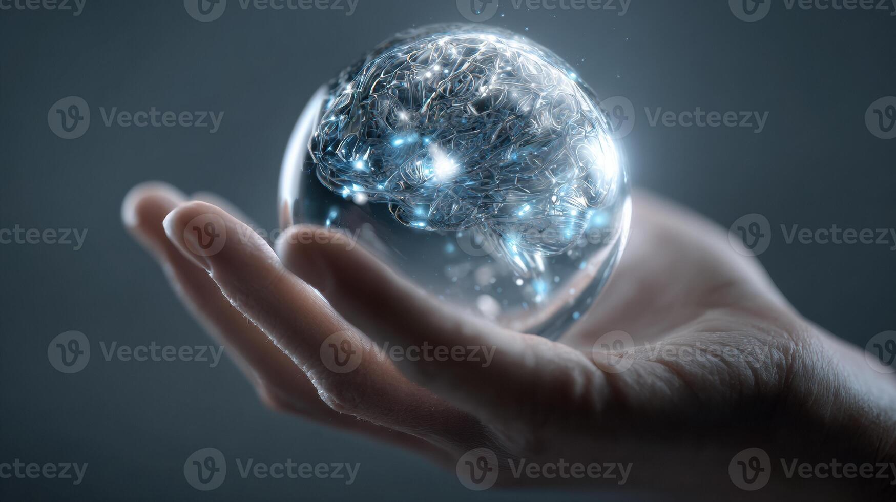 Human Hand Holds a Futuristic Glass Sphere Representing a Brain, Showcasing Advanced Technology and Innovation in a Modern Setting photo
