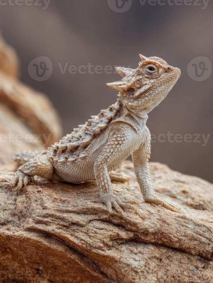 Horned Lizard Basking on Textured Desert Rock Under Sunlight in Arid Landscape photo
