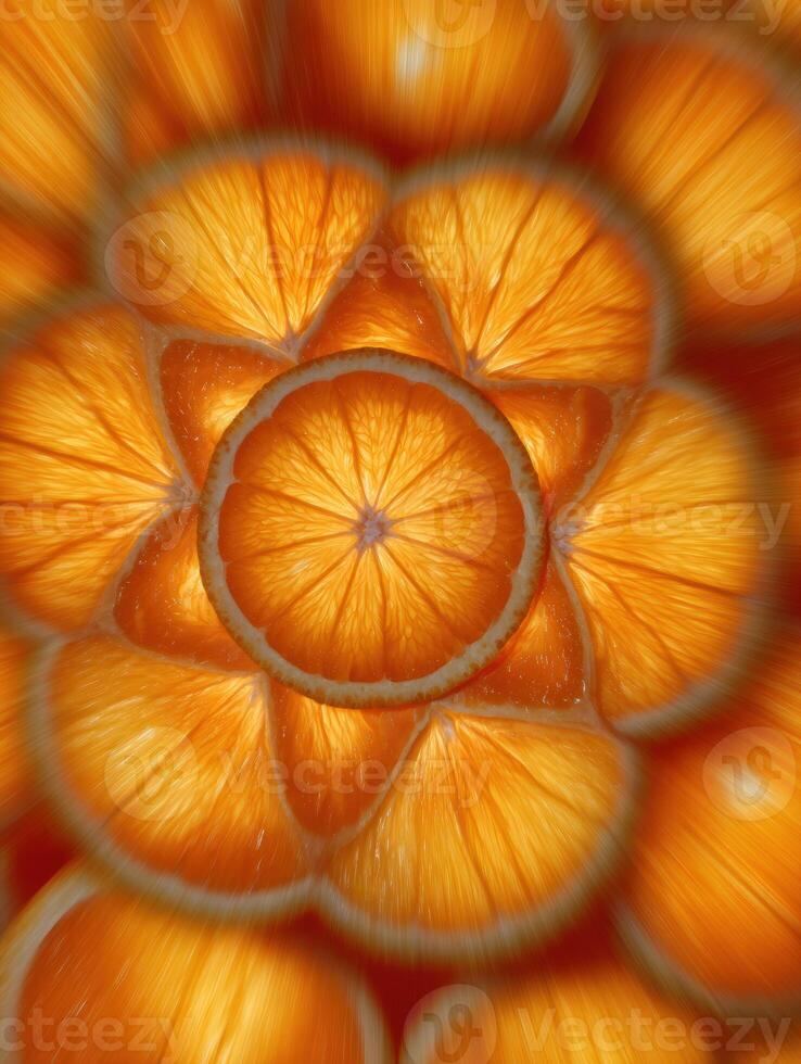 Sliced Oranges Arranged in a Mandala Design With a Vibrant Motion Blur Effect Showcasing Symmetry and Vivid Color Patterns photo