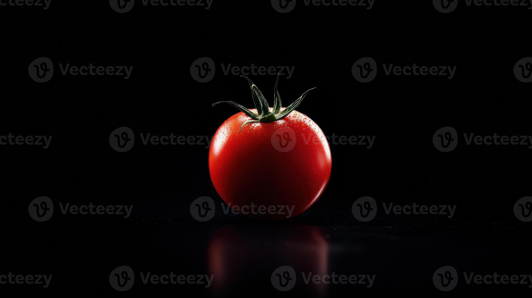 Glowing Ripe Tomato Showcased in Cinematic Style Against a Dark Background With Reflections photo