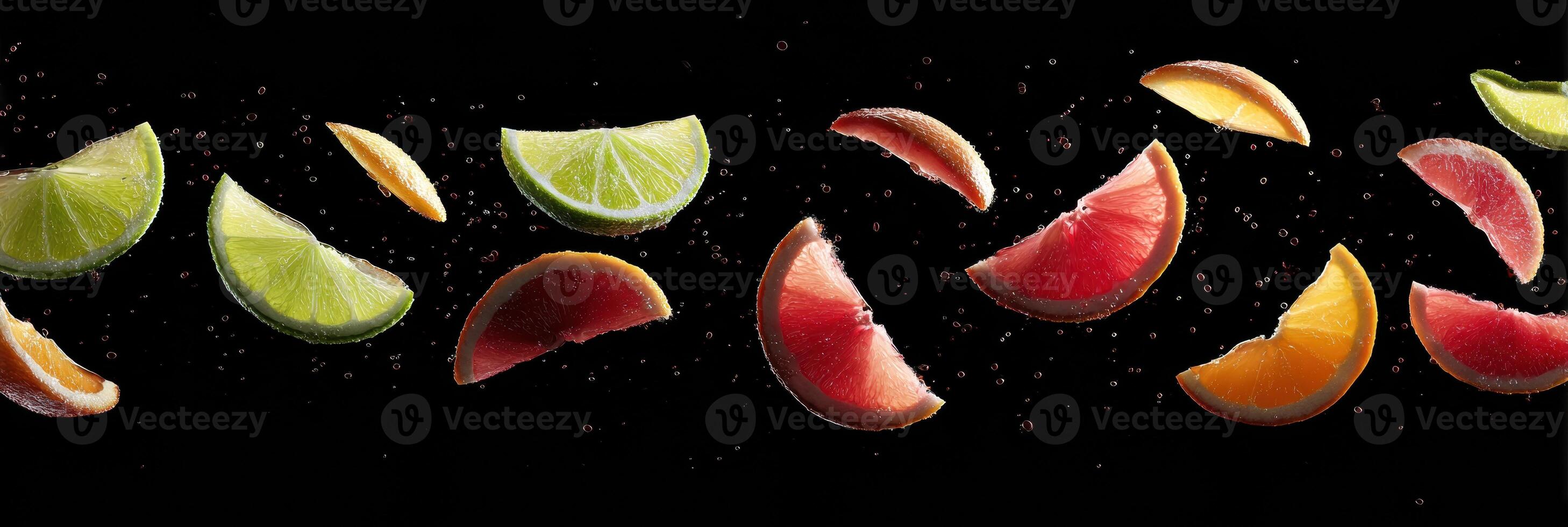Floating Fruit Slices Create a Vibrant Visual Display in a Zero Gravity Environment With Empty Space Above photo