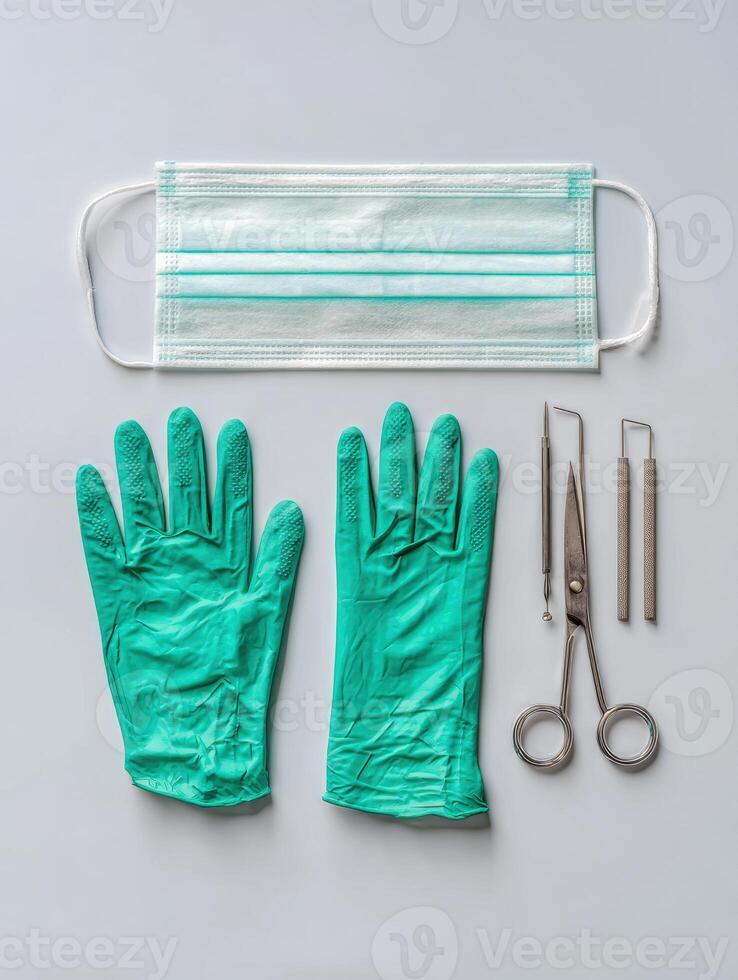 Surgical Tools and Personal Protective Equipment Arranged Neatly for Medical Procedures in a Clinical Setting photo