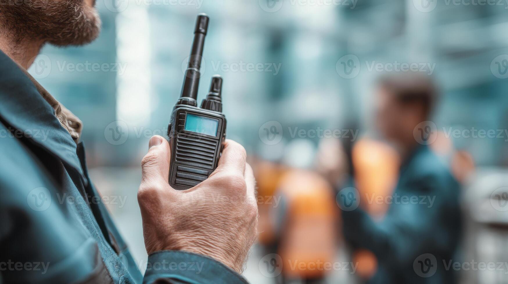 Man Holding Walkie-Talkie While Coordinating Teamwork at a Busy Construction Site During the Day photo